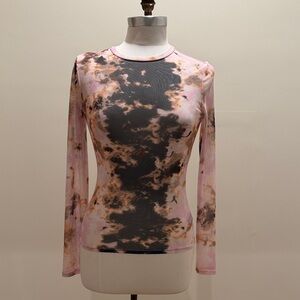 AFRM Pink and Black Tie-Dye Long Sleeve Mesh Sheer Top